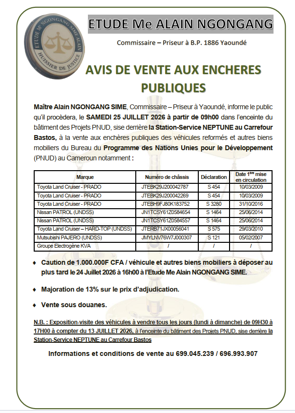 AVIS DE VENTE AUX ENCHERES PUBLIQUES DU 25 JUILLET 2026