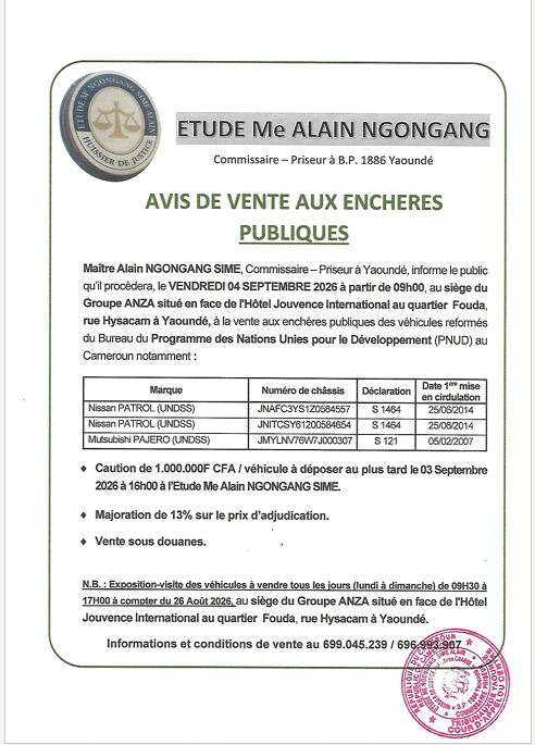 AVIS DE VENTE AUX ENCHERES PUBLIQUES du 04 SEPTEMBRE 2026